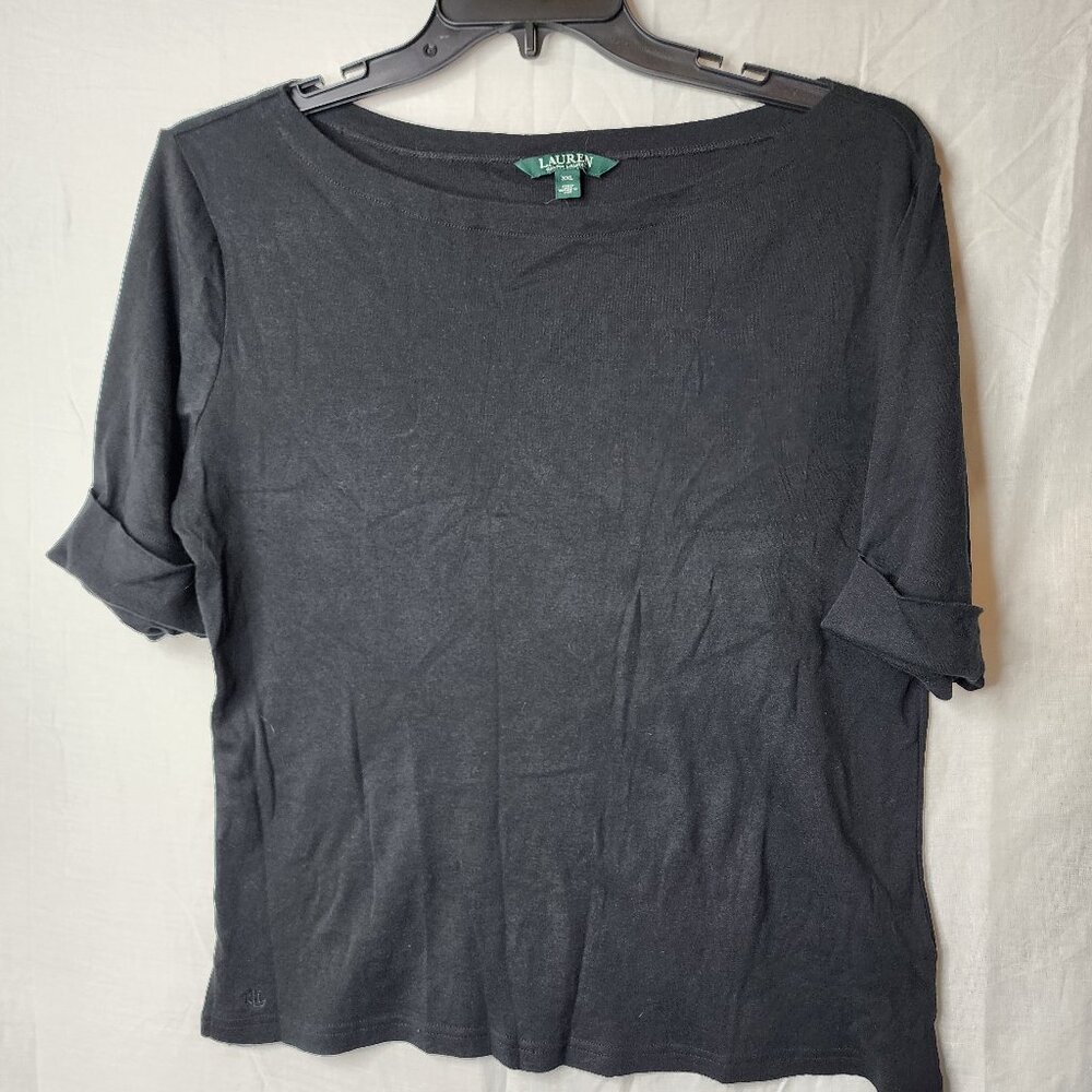 Lauren Ralph Lauren Black Cotton Boat Neck 3/4 Sleeve Top XXL